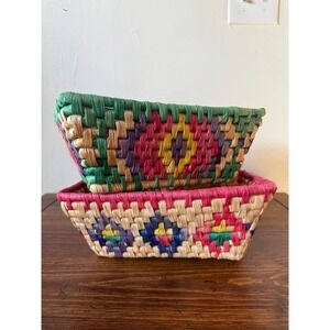 Vintage Mexican Style Colorful Woven Baskets Set of 2